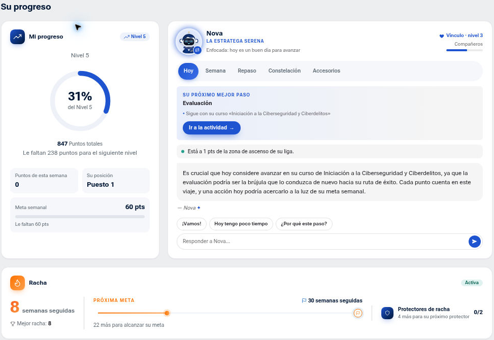 Gammie: progreso de nivel, coach Nova y racha de aprendizaje