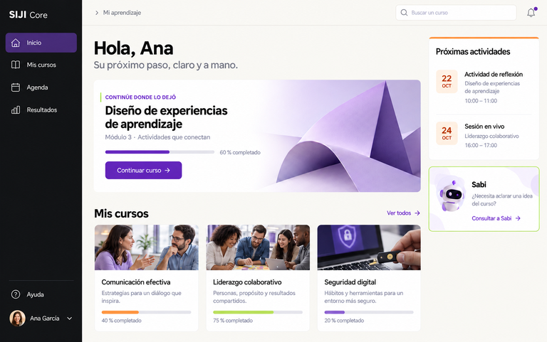 Referencia visual de SIJI Core: inicio con cursos y próximas actividades.