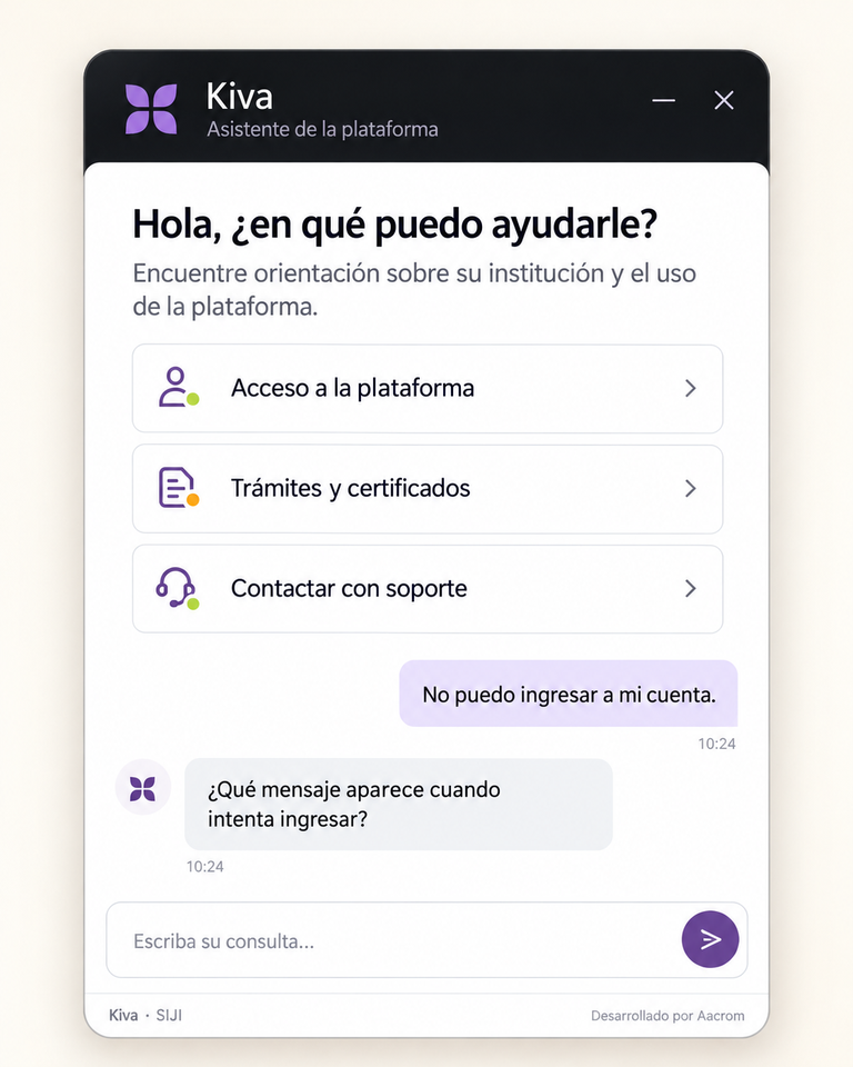 Referencia visual de Kiva con opciones de acceso, trámites, soporte y una conversación de orientación