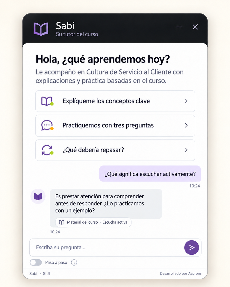 Referencia visual de Sabi con opciones de explicación, práctica y una conversación sobre el curso